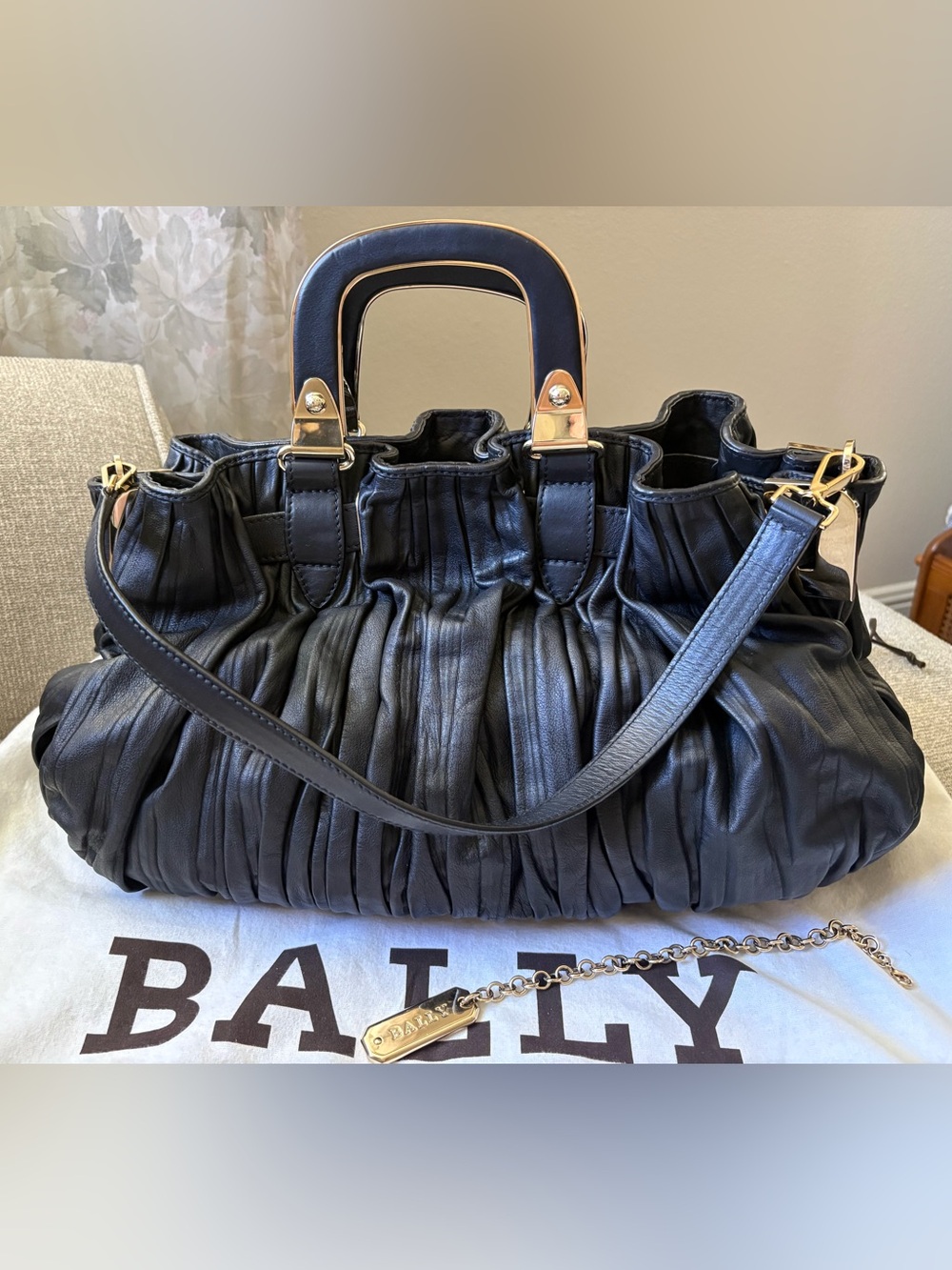 Bally Black Pleated Leather Satchel with Gold Hardware
